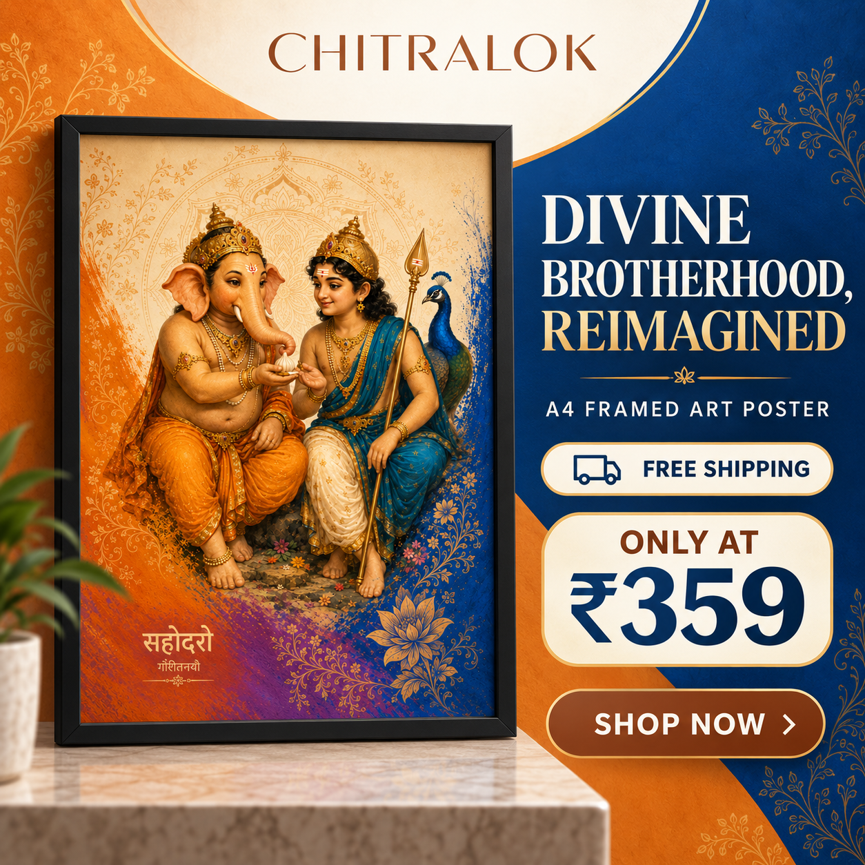 सहोदरो — Baal Ganesh & Kartikeya A4 Framed Poster