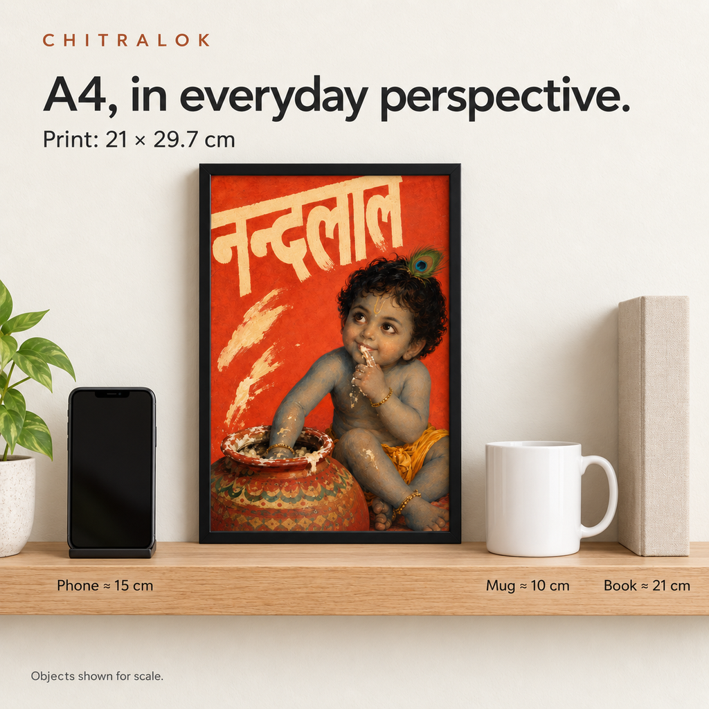 Nandlal A4 framed poster size compared with phone mug and book