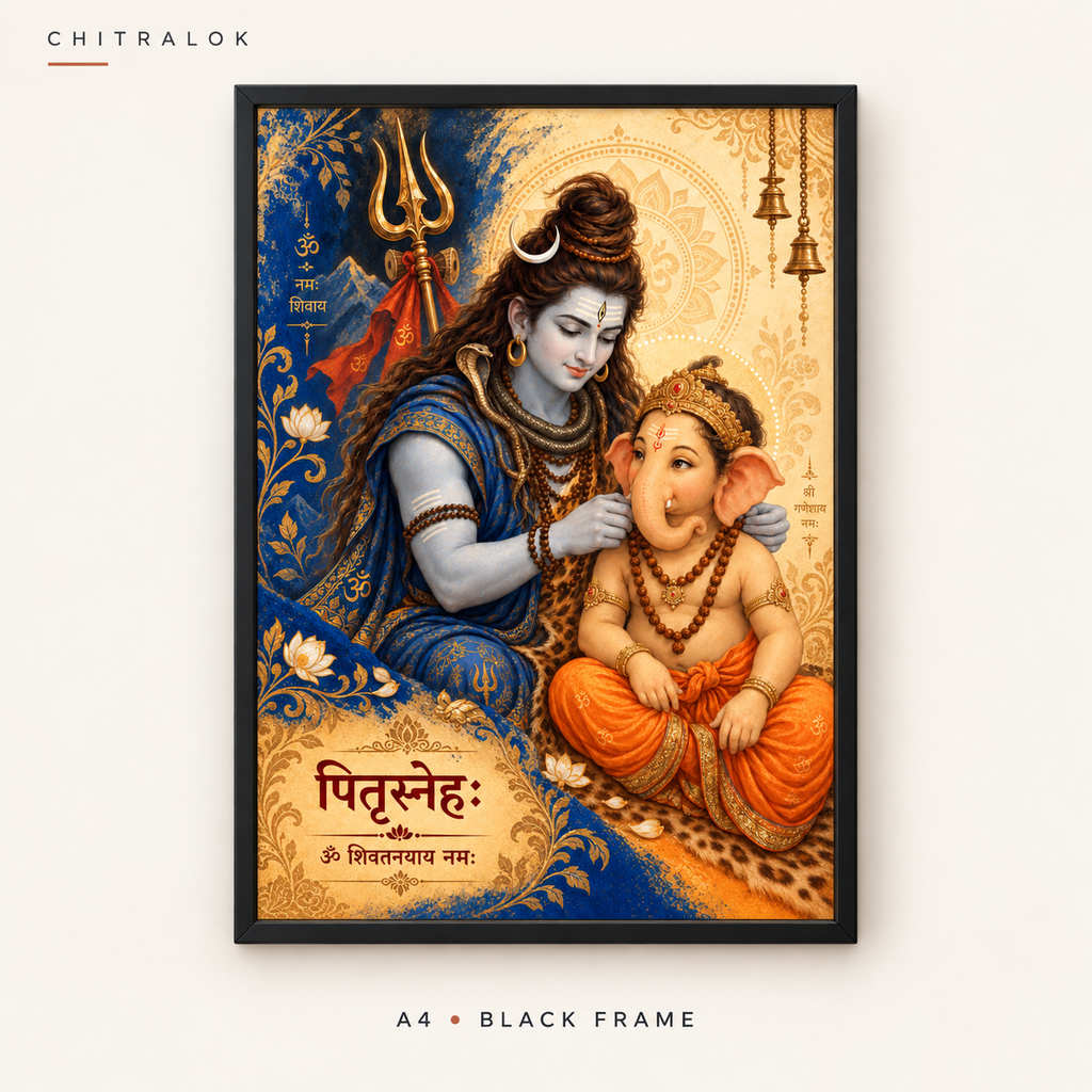 Pitrisneh Mahadev and Baal Ganesh A4 poster in black frame