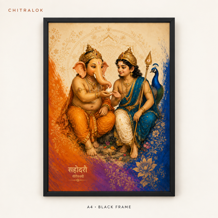 Sahodaro Baal Ganesh and Kartikeya A4 poster in black frame