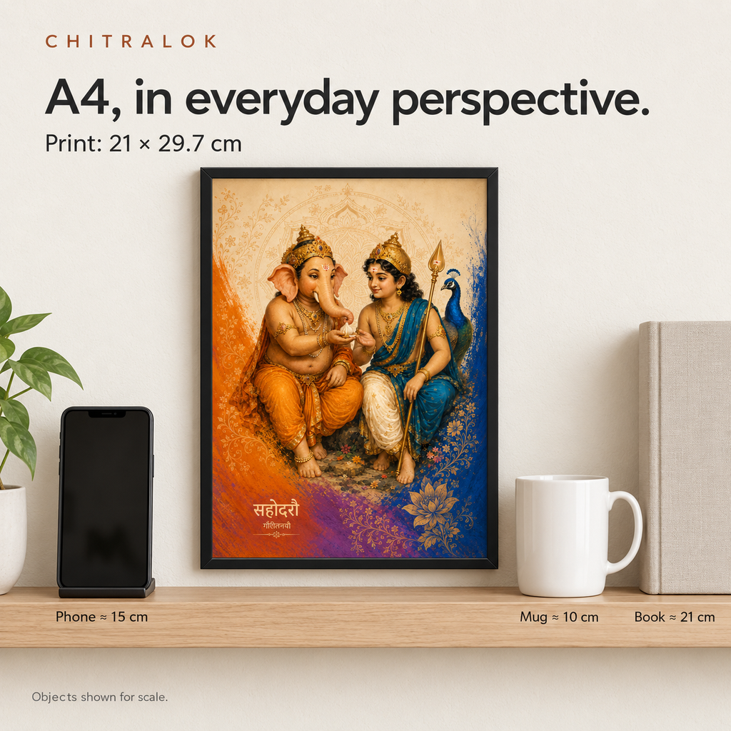 Sahodaro A4 framed poster size compared with phone mug and book